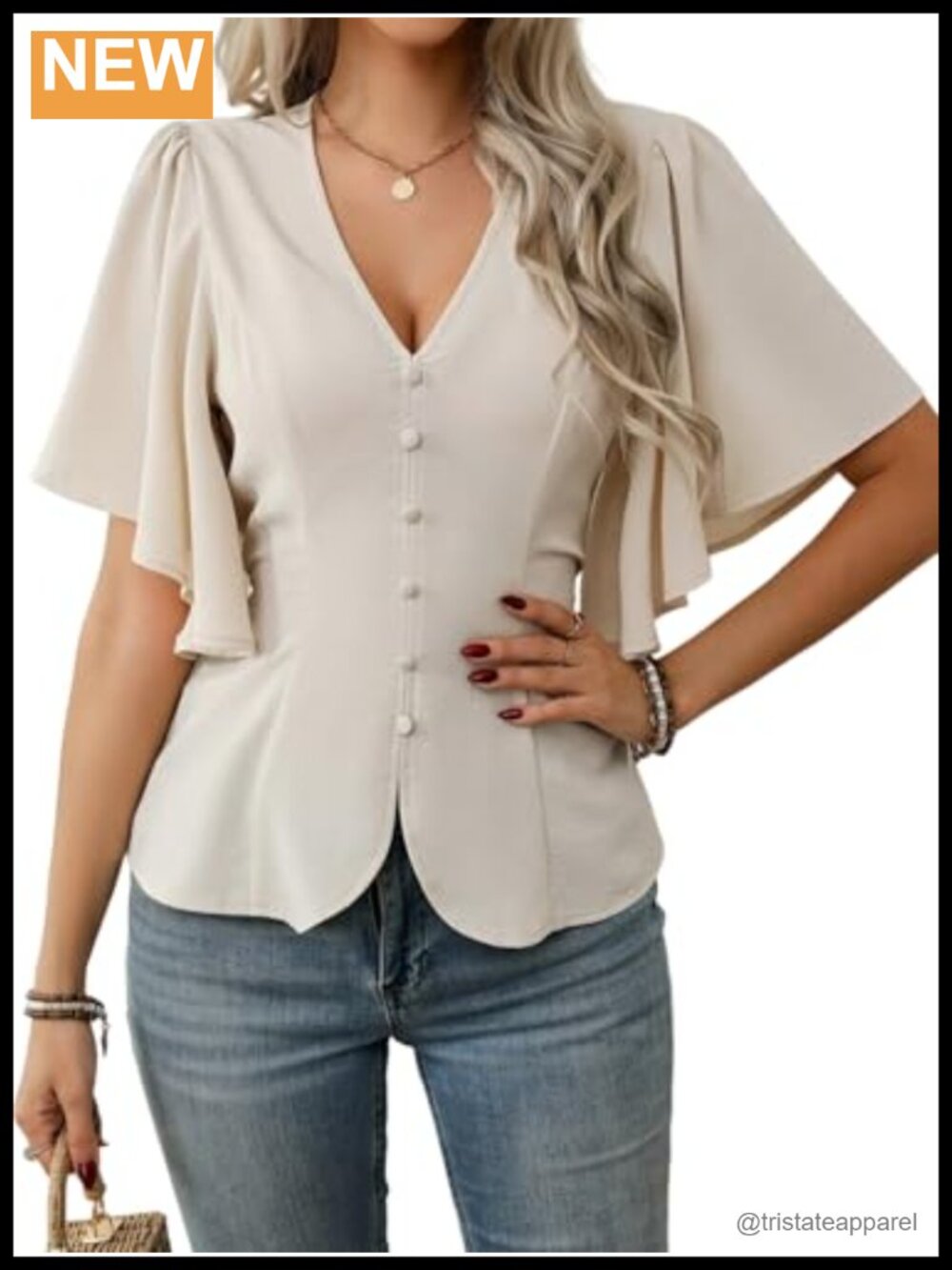 Women's V-Neck Flutter Sleeve Peplum Blouse Casual Office Top